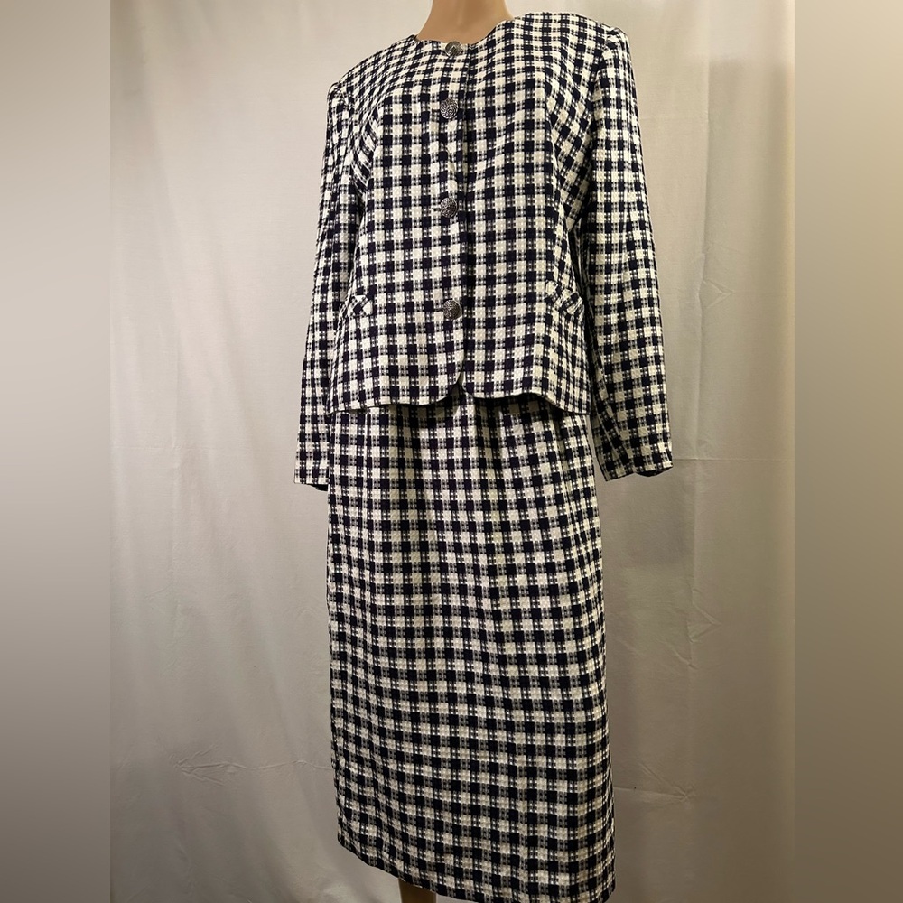 Vintage Vinci Clothiers Navy & White Checkered Skirt Set Size 10